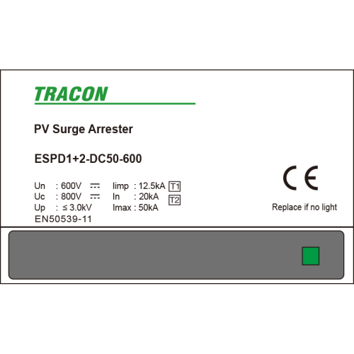 Ogranicznik przepięć T1+T2, DC, jednolita obudowa Ucpv: 800V; Iimp:12,5kA; In:20kA; Imax:50kA; Up:3kV ESPD1+2-DC50-600 Tracon Electric