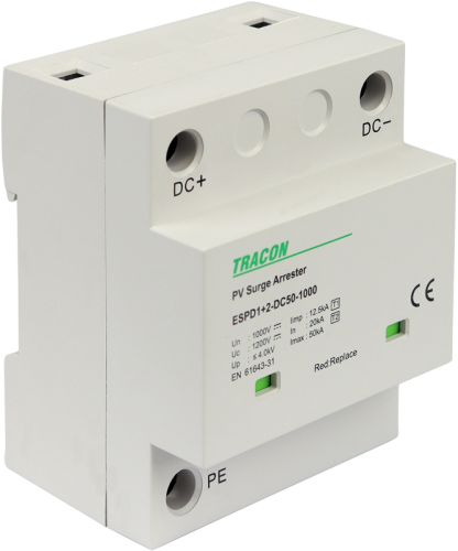 Ogranicznik przepięć T1+T2, DC, jednolita obudowa Ucpv: 1200V; Iimp:12,5kA; In:20kA; Imax:50kA; Up:4kV ESPD1+2-DC50-1000 Tracon Electric