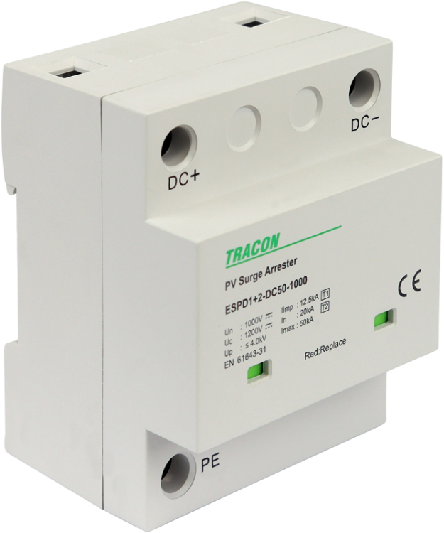 Ogranicznik przepięć T1+T2, DC, jednolita obudowa Ucpv: 1200V; Iimp:12,5kA; In:20kA; Imax:50kA; Up:4kV ESPD1+2-DC50-1000 Tracon Electric