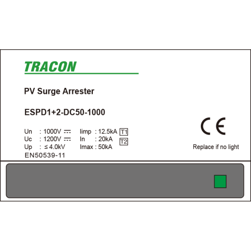 Ogranicznik przepięć T1+T2, DC, jednolita obudowa Ucpv: 1200V; Iimp:12,5kA; In:20kA; Imax:50kA; Up:4kV ESPD1+2-DC50-1000 Tracon Electric