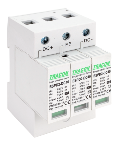 Ogranicznik przepięć DC, T2, wymienne wkładki Ucpv: 800V; In:20kA; Imax:40kA; Up:2,6kV ESPD2-DC40-600 Tracon Electric