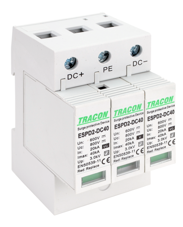 Ogranicznik przepięć DC, T2, wymienne wkładki Ucpv: 800V; In:20kA; Imax:40kA; Up:2,6kV ESPD2-DC40-600 Tracon Electric