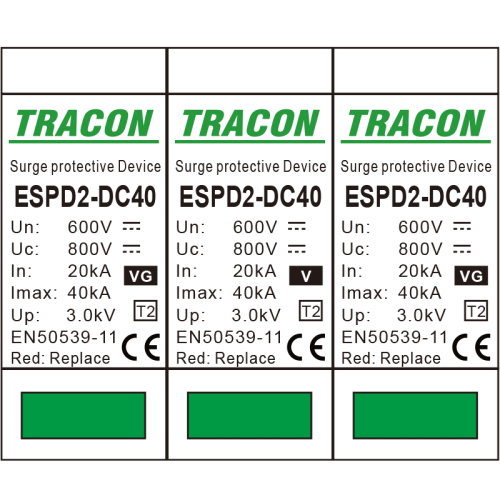 Ogranicznik przepięć DC, T2, wymienne wkładki Ucpv: 800V; In:20kA; Imax:40kA; Up:2,6kV ESPD2-DC40-600 Tracon Electric