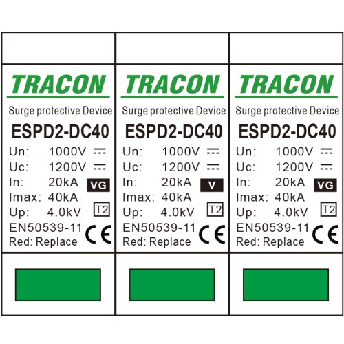 Ogranicznik przepięć DC, T2, wymienne wkładki Ucpv: 1200V; In:20kA; Imax:40kA; Up:4kV ESPD2-DC40-1000 Tracon Electric