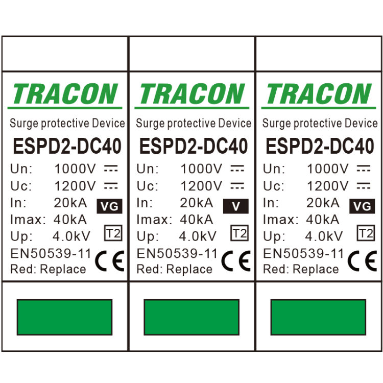 Ogranicznik przepięć DC, T2, wymienne wkładki Ucpv: 1200V; In:20kA; Imax:40kA; Up:4kV ESPD2-DC40-1000 Tracon Electric