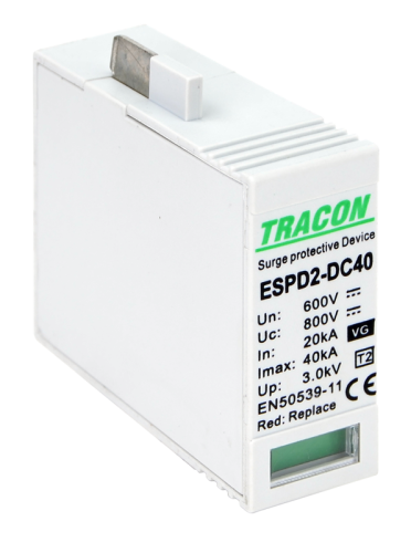 Ogranicznik przepięć DC, T2 typu VG, wkładka 600V Ucpv: 800V, In:20kA, Imax:40kA, Up:2,6kV, Var+GTD ESPD2-DC40-600VGO Tracon Electric