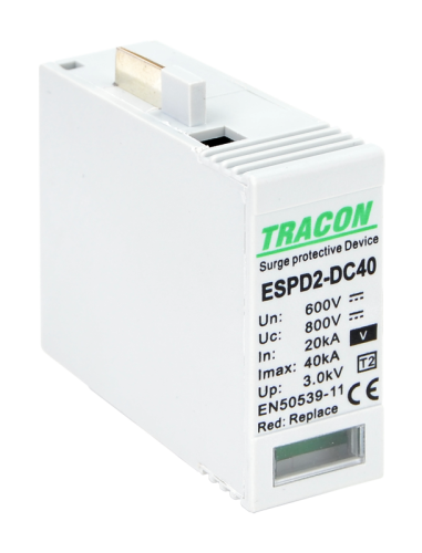Ogranicznik przepięć DC, T2 typu V, wkładka 600V Ucpv: 800V, In:20kA, Imax:40kA, Up:2,6kV, Var ESPD2-DC40-600VO Tracon Electric