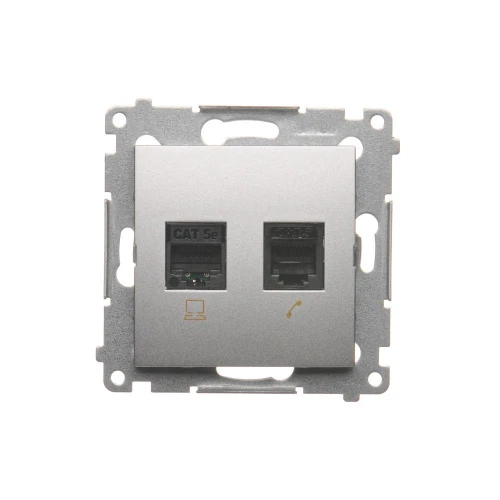 Gniazdo komputerowe RJ45 kategoria 5e + telefoniczne RJ12 Simon 54 D5T.01/43 Kontakt-Simon srebrny mat, metalizowany