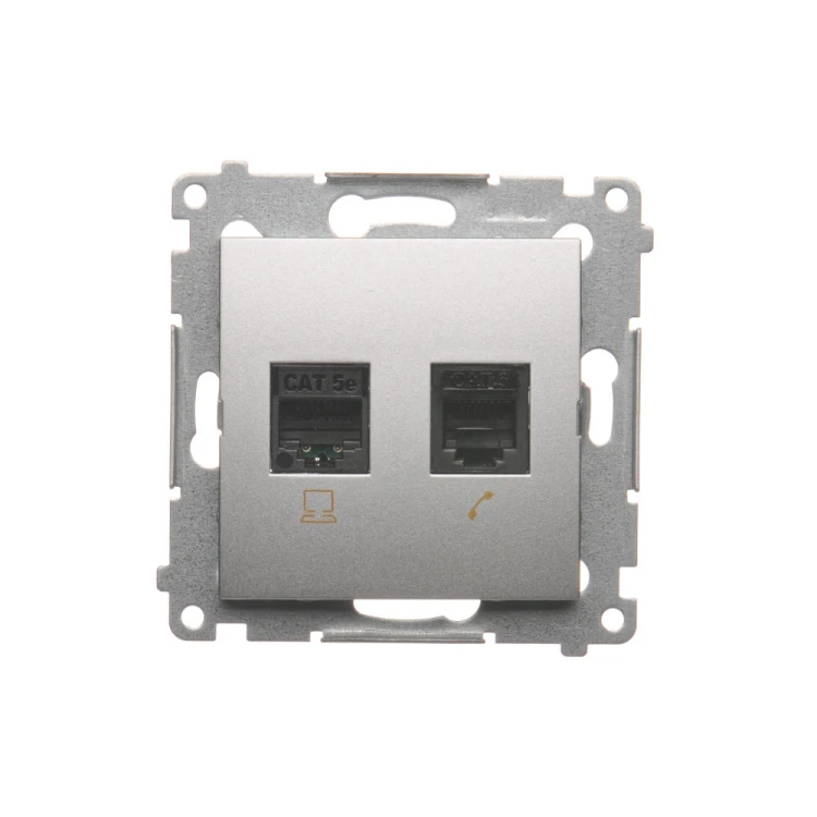 Gniazdo komputerowe RJ45 kategoria 5e + telefoniczne RJ12 Simon 54 D5T.01/43 Kontakt-Simon srebrny mat, metalizowany