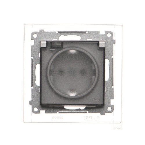 Gniazdo wtyczkowe pojedyncze do wersji IP44 z uziemieniem typu Schuko - z uszczelką ramki - klapka w kolorze transparentnym Simon 55 TGSZ1BCZ.01/143A Kontakt-Simon aluminium mat