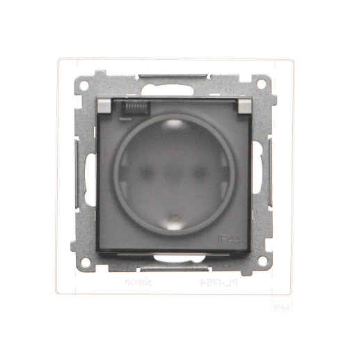 Gniazdo wtyczkowe pojedyncze do wersji IP44 z uziemieniem typu Schuko - z uszczelką ramki - klapka w kolorze transparentnym Simon 55 TGSZ1BCZ.01/143A Kontakt-Simon aluminium mat