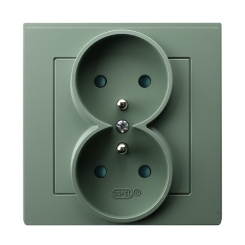 Gniazdo podwójne z uziemieniem z przesłonami torów prądowych, kompletne z ramką GP-2GZP/84 As Ospel zielony mat