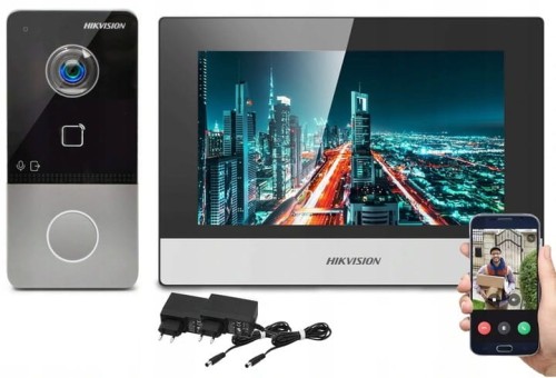 Zestaw wideodomofonowy komplet DS-KV6113-WPE1(B) HIKVISION SMART wideodomofon dzwonek bezprzewodowy z WiFi bezsłuchawkowy 12V sterowanie furtką Inteligentny sterowany telefonem do samodzielnej pracy lub do współpracy z monitorami IP Hikvision II generacji