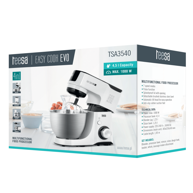 Robot kuchenny planetarny Wieloczynnościowy Mikser EASY COOK EVO 4IN1 Teesa TSA3540 1000W 4w1 biały