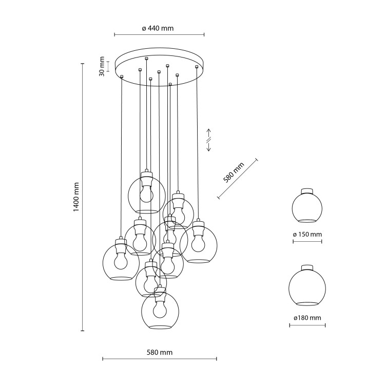CUBUS MIX Lampa wisząca 9 Koło 10247 TK Lighting Czarny Transparentny, Szary, Bursztynowy