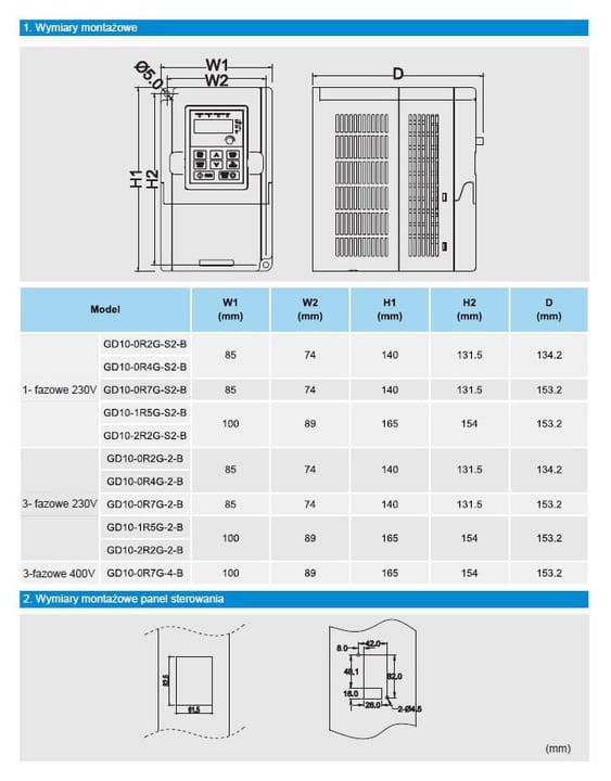 Falownik Przemiennik Częstotliwości INVT 0,2kW 230V 1F jednofazowy GD10-0R2G-S2-B - Prąd 1.6A Skalarny