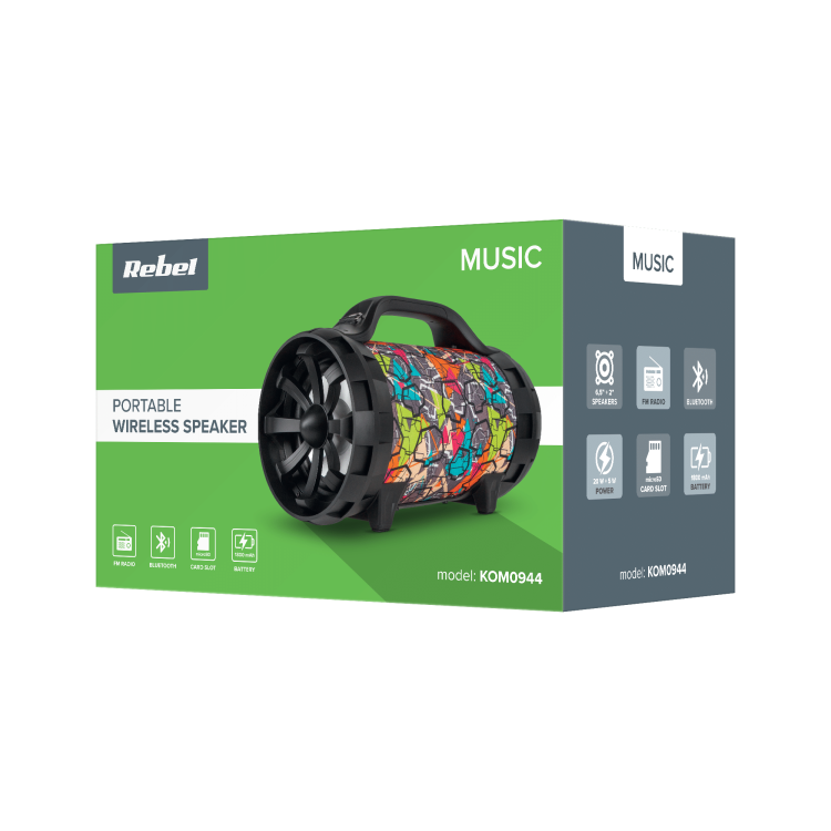 Głośnik Bluetooth USB AUX FM microSD KOM0944 Rebel Music Przenośny bezprzewodowy MP3 Radio Karaoke Mikrofon czarny z kolorowym kamuflażem