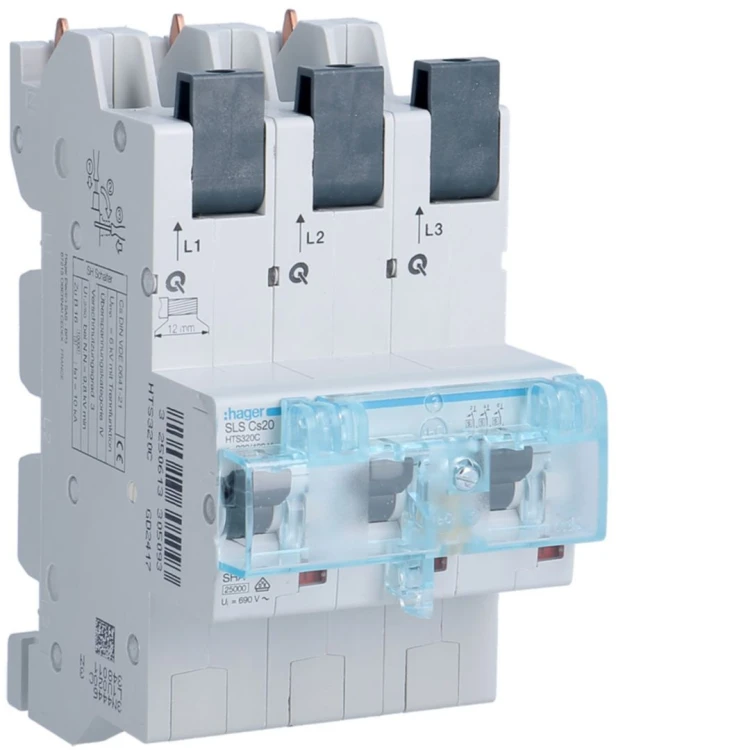 MCB SLS Wyłącznik nadprądowy selektywny 3P, Cs, 20 A, szyny Cu 40-12x5/10mm HTS320C Hager