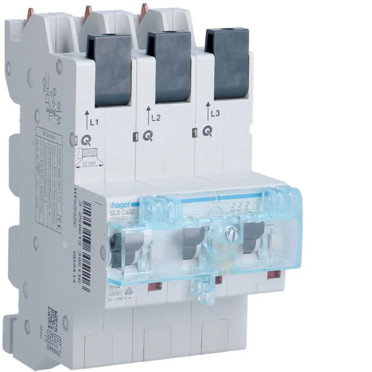 MCB SLS Wyłącznik nadprądowy selektywny 3P, Cs, 32 A, szyny Cu 40-12x5/10mm HTS332C Hager