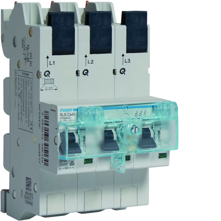 MCB SLS Wyłącznik nadprądowy selektywny 3P, Cs, 40 A, szyny Cu 40-12x5/10mm HTS340C Hager
