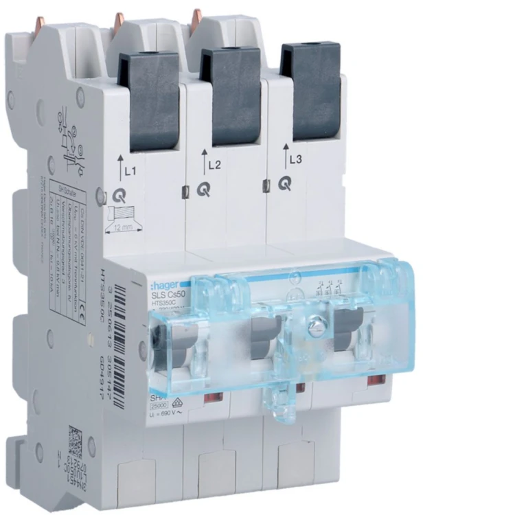 MCB SLS Wyłącznik nadprądowy selektywny 3P, Cs, 50 A, szyny Cu 40-12x5/10mm HTS350C Hager