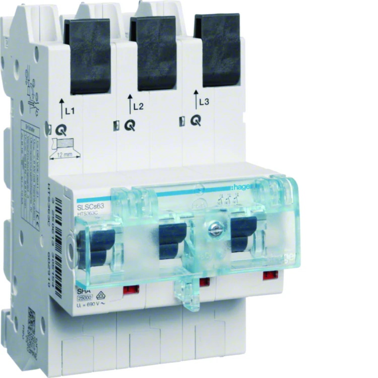 MCB SLS Wyłącznik nadprądowy selektywny 3P, Cs, 63 A, szyny Cu 40-12x5/10mm HTS363C Hager
