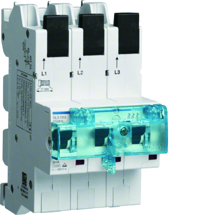 MCB SLS Wyłącznik nadprądowy selektywny 3P, E, 63 A, szyny Cu 40-12x5/10mm HTS363E Hager