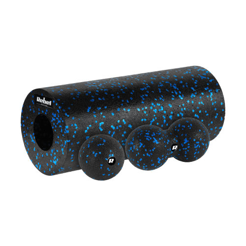 Zestaw wałek do masażu, roller, piłka, duoball, 3 elementy, kolor czarno-niebieski, materiał EPP, REBEL ACTIVE RBA-3054-S3