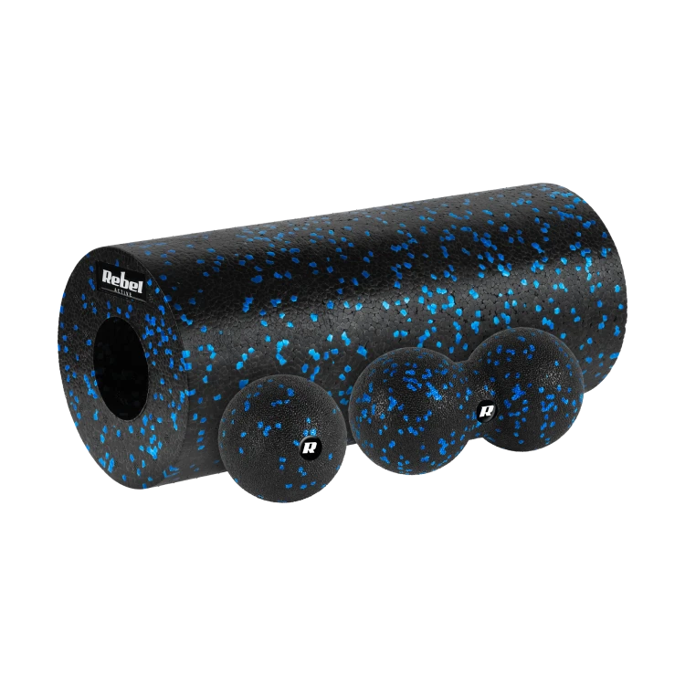 Zestaw wałek do masażu, roller, piłka, duoball, 3 elementy, kolor czarno-niebieski, materiał EPP, REBEL ACTIVE RBA-3054-S3