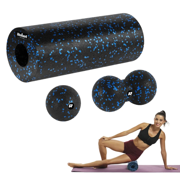 Zestaw wałek do masażu, roller, piłka, duoball, 3 elementy, kolor czarno-niebieski, materiał EPP, REBEL ACTIVE RBA-3054-S3