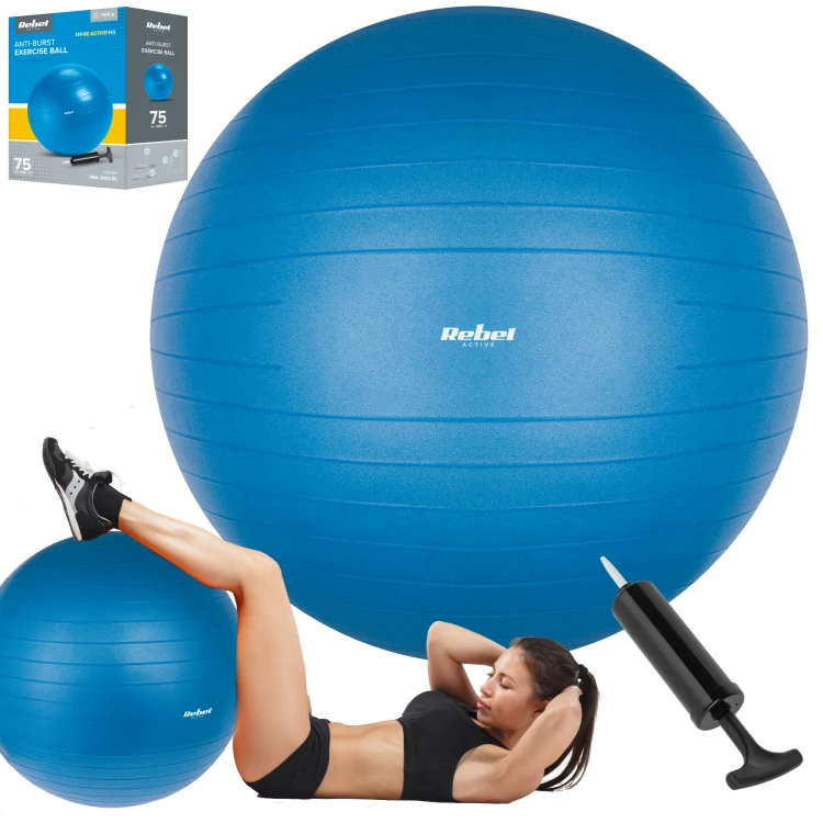 Piłka gimnastyczna rehabilitacyjna 75cm z pompką ręczną, kolor niebieski, REBEL ACTIVE RBA-3102-BL