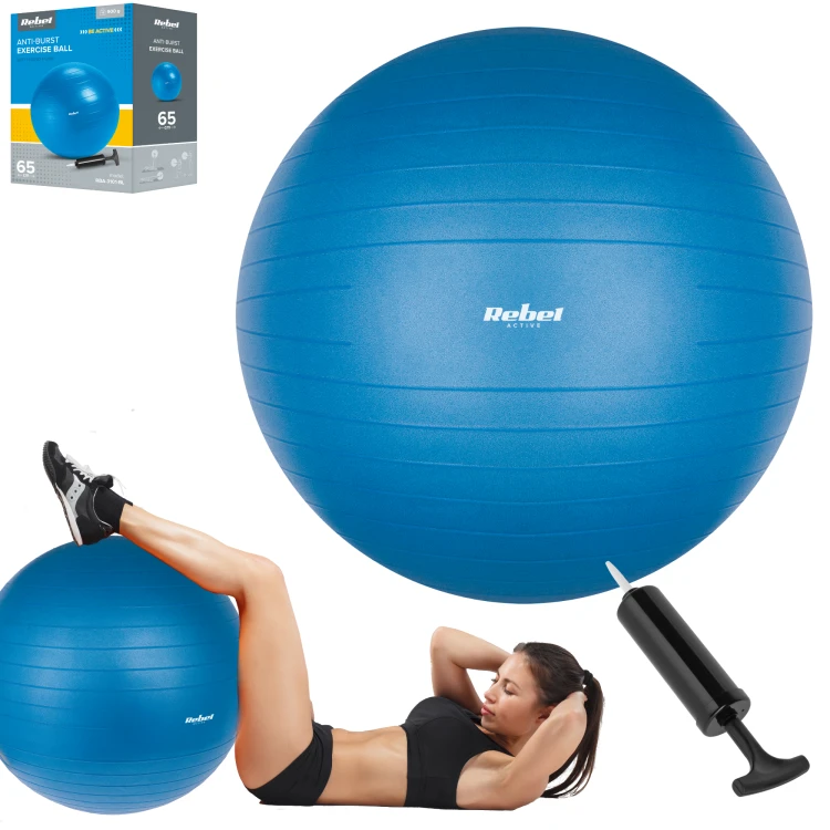 Piłka gimnastyczna rehabilitacyjna 65cm z pompką ręczną, kolor niebieski, REBEL ACTIVE RBA-3101-BL