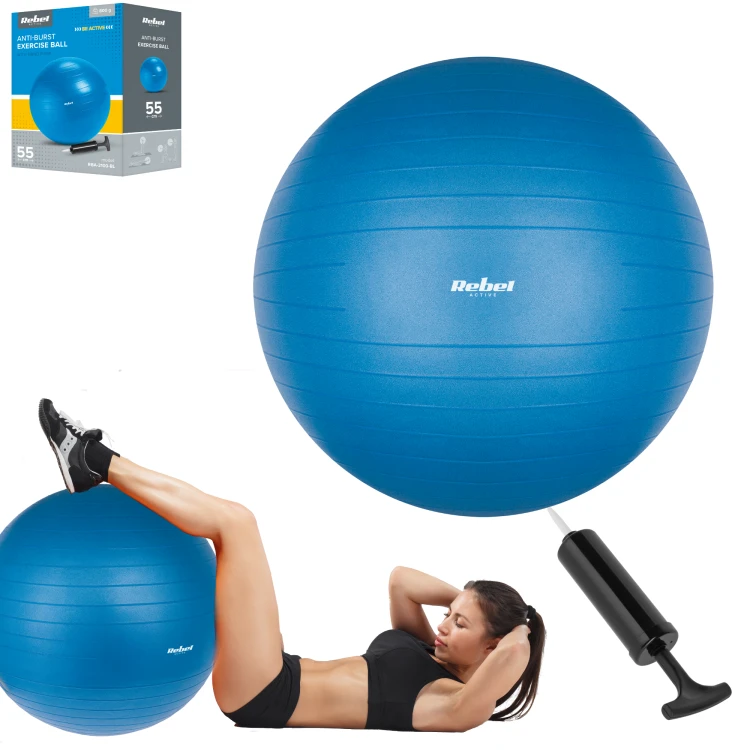 Piłka gimnastyczna rehabilitacyjna 55cm z pompką ręczną, kolor niebieski, REBEL ACTIVE RBA-3100-BL