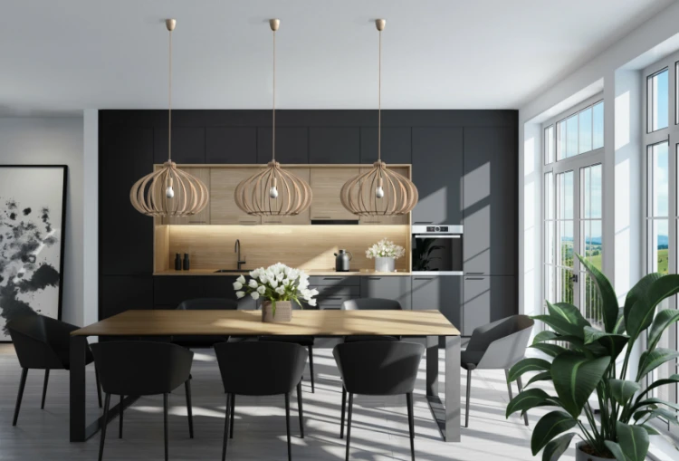 Lampa sufitowa wisząca Industrialna Loft KYMI BLACK B zwis 10574 NOWODVORSKI Lighting E27 x1 oświetleniowa żyrandol nowoczesna drewno do Kuchni Jadalni nad stół blat wyspę drewniana czarna sklejka Inspiracje Premium
