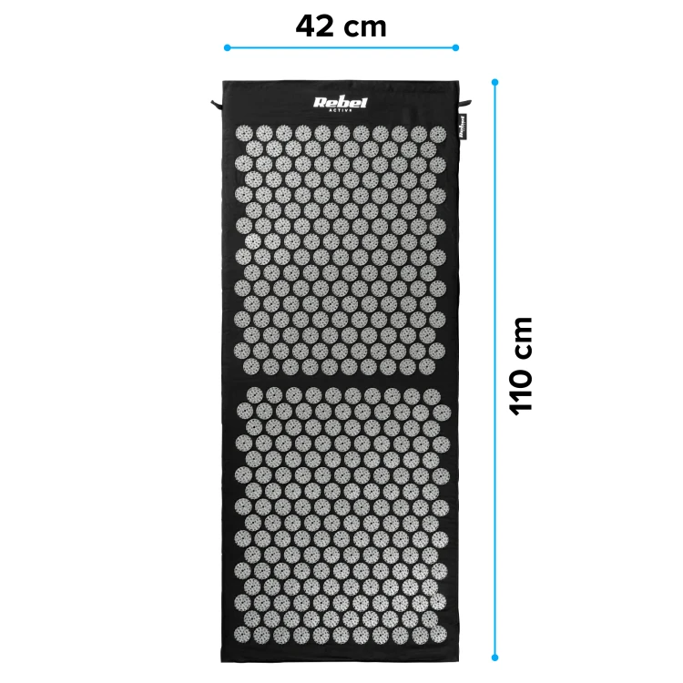 Mata zdrowotna z kolcami do akupresury z poduszką, 110x42cm, XL, szare kolce,  Rebel Active RBA-6010-BK
