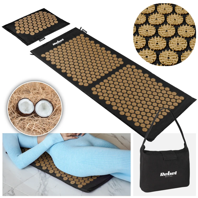 Mata zdrowotna ECO z kolcami do akupresury z poduszką, 110x42cm, XL, szare kolce,  Rebel Active RBA-6012-GL