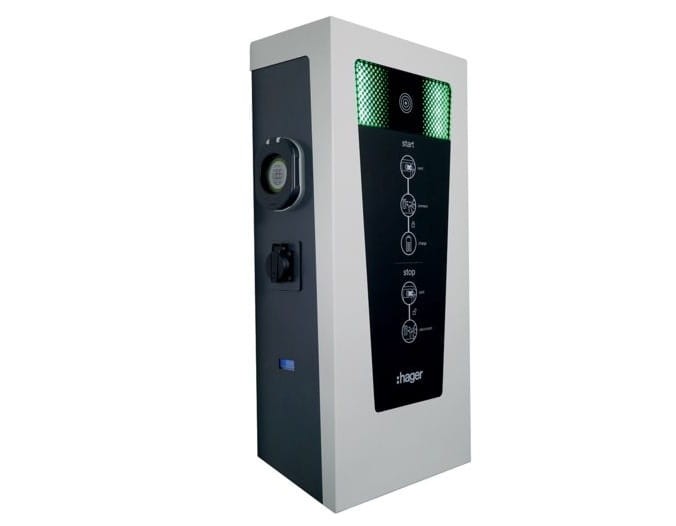 Stacja ładowania do samochodu elektrycznego stacjonarna Typ 2 EV Witty Park 2x7kW XEV600 Hager 1P M3T2S M2TE IP54 RFID 230V 1-fazowa 32A T2 dla dwóch pojazdów aut samochodów elektrycznych