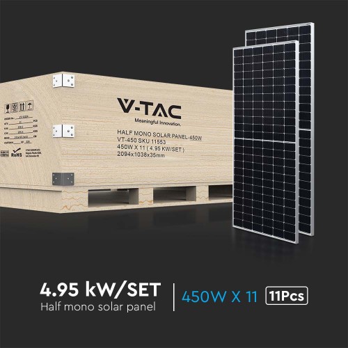 Dedykowany Zestaw Paneli fotowoltaicznych o mocy (4,95 kW) Panel VT-450 o mocy 450kWP x 11 SZT / Mono krystaliczny / HALF CUT / w ramie aluminiowej / Kabel 0,55cm 4mm² / Wymiary (D:2094*1038*35mm) 11553 V-TAC