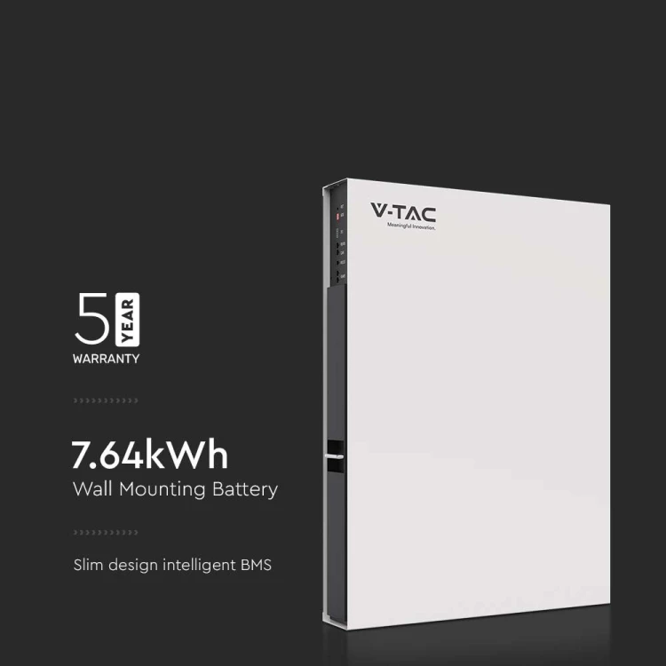 Niskonapięciowy Magazyn Energii VT-48160 Bateria LIFEPO4 o pojemności 7,68kWh 160Ah/48V Bateria naścienna Typu SLIM Wbudowany BMS 10 LAT GWARANCJI IP 20 5000 cykli ładowania 11548 V-TAC