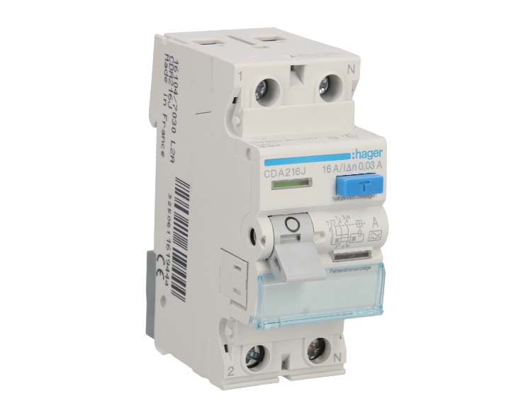 Wyłącznik różnicowoprądowy 1P+N 16A/30mA Typ A 6kA CDA216J Hager RCCB 16A 30mA