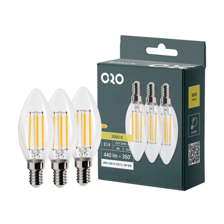 Żarówka LED filament E14 ciepła biała 4W 440lm WW 3 szt.ORO 3XE14 C35 FL 4W WW ORO33107 LED-POL
