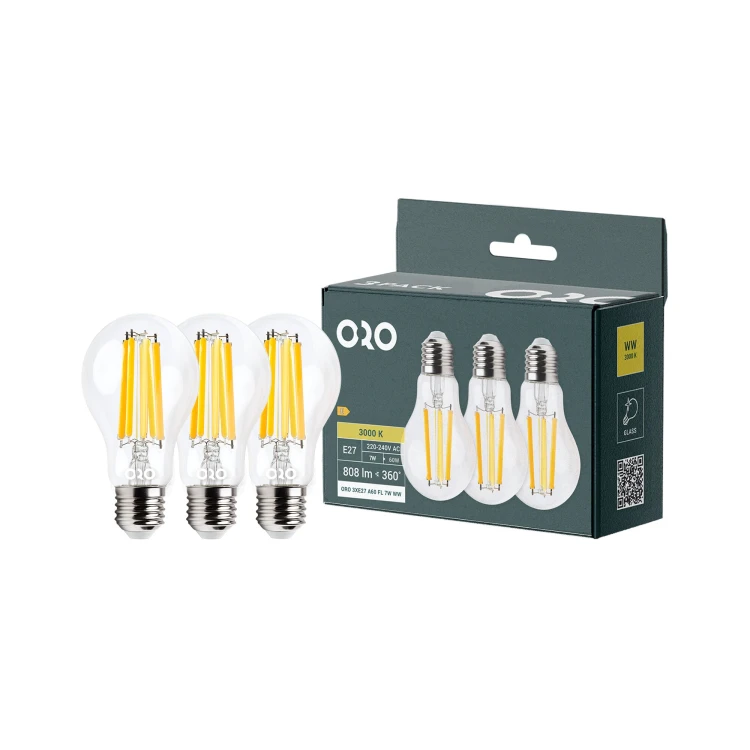 Żarówka LED filament E27 ciepła biała 7W 808lm WW 3 szt.ORO 3XE27 A60 FL 7W WW ORO33106 LED-POL