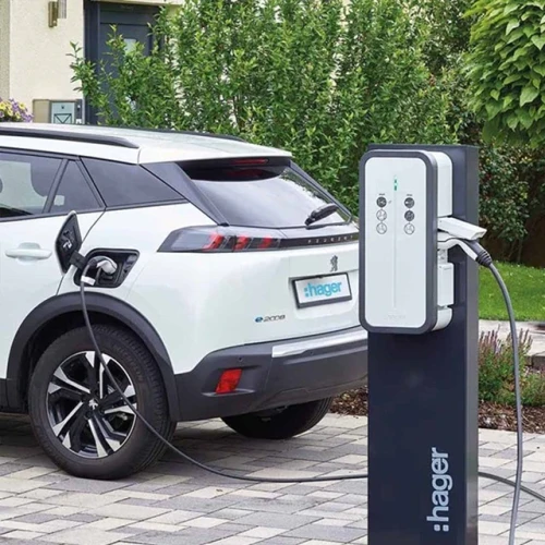 Stojak prostokątny dwustronny dla dwóch stacji ładowania EVCS XEVA115 Hager do samochodu elektrycznego EV Witty Start dla pojazdów aut samochodów elektrycznych szary antracyt