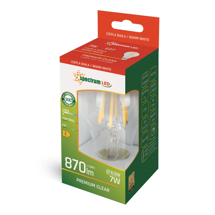 LED GLS E-27 230V 7W COG WW CLEAR WOJ+14599 SPECTRUM LED