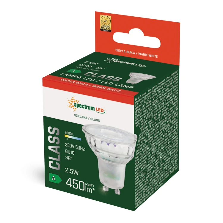 LED GU10 230V 2.5W SMD A-CLASS WW z soczewką szklana 38st WOJ+14713 SPECTRUM LED