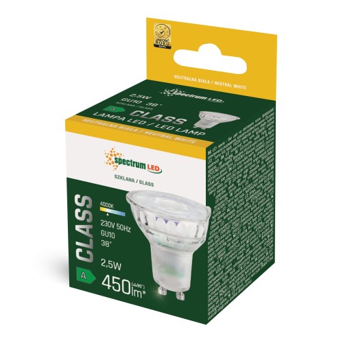 LED GU10 230V 2.5W SMD A-CLASS NW z soczewką szklana 38st WOJ+14714 SPECTRUM LED