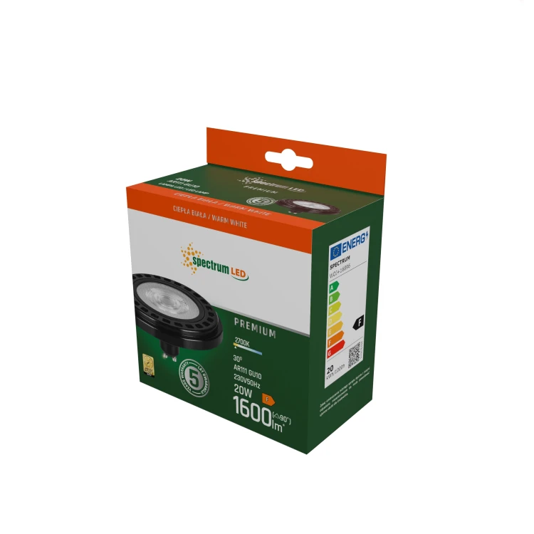 LED AR111 GU10 230V 20W COB 30ST WW RA90 PREMIUM Czarny 5 Lat Gwarancji WOJ+16896 SPECTRUM LED