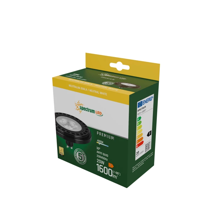 LED AR111 GU10 230V 20W COB 30ST NW RA90 PREMIUM Czarny 5 Lat Gwarancji WOJ+16897 SPECTRUM LED