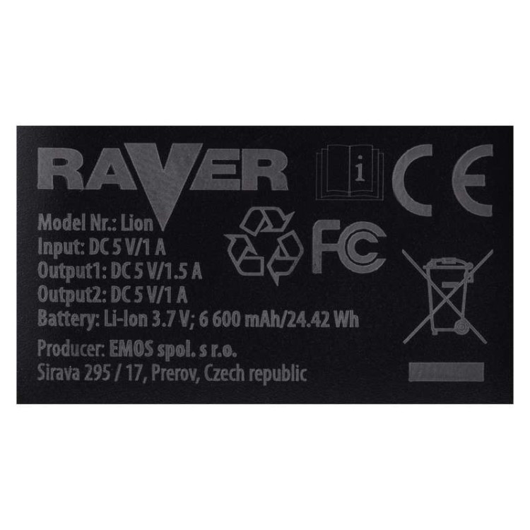 Power bank ładowarka Powerbank 2 x USB RAVER 6600mAh B0511 Emos czarny