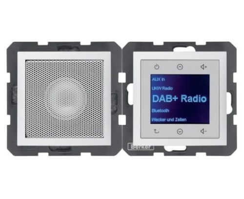 B.x Radio Touch DAB+ Bluetooth z głośnikiem biały mat 30809909 HAGER BERKER Podtynkowe w gniazdku ścianie B.Kwadrat B.3 B.7